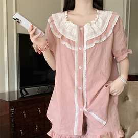 全棉提花Korea夏季新款睡衣女套装甜美蕾丝公主风荷叶边家居服