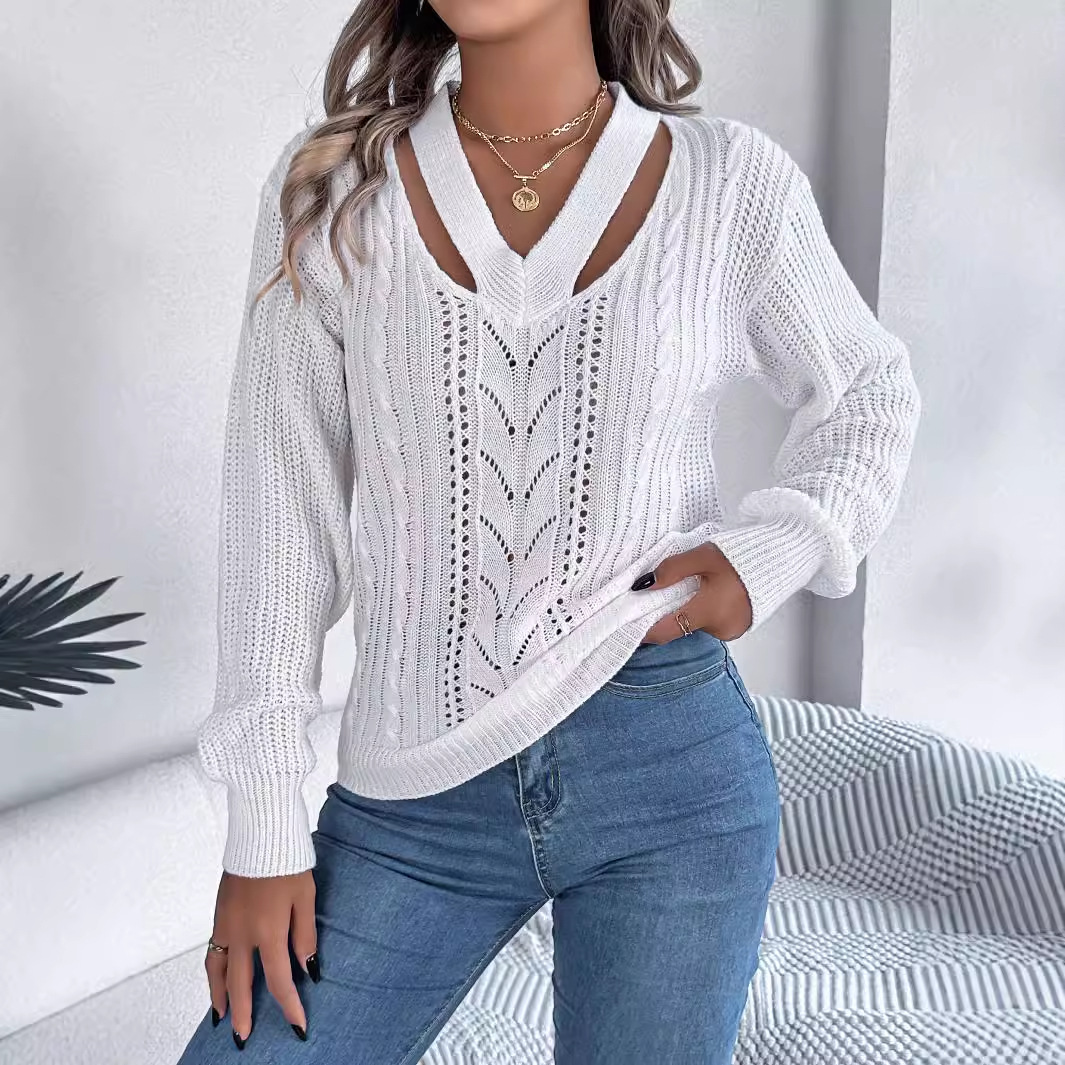 Women's Clothing Real shot of 2024 autumn and winter casual hollow V neck twisted lantern sleeve pullover sweater women's clothing_voghion.com