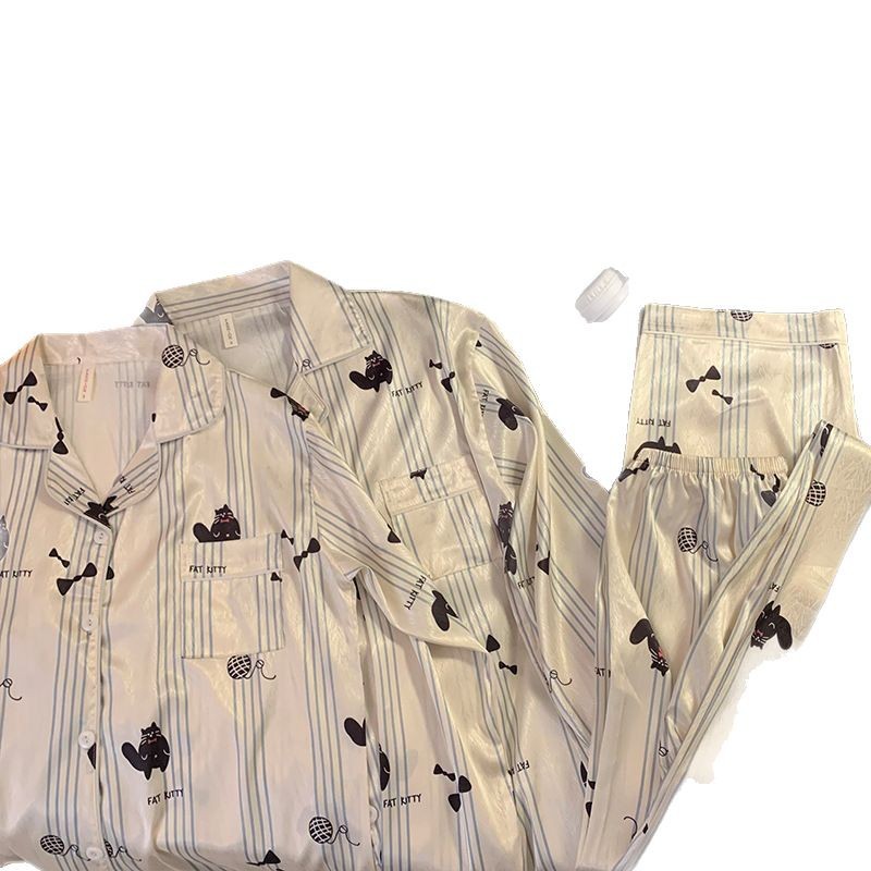 2025 nuevo pijama de pareja de primavera y otoño de seda de hielo manga larga japonesa inns rayas gato seda real ropa de hogar masculina