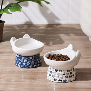 Cat Bowl Ceramic Pet Tall Rice Bowl Protects Cervical Spine and Prevents Overturning Water Bowl Food Bowl Dog and Cat Eating and Drinking Bowl