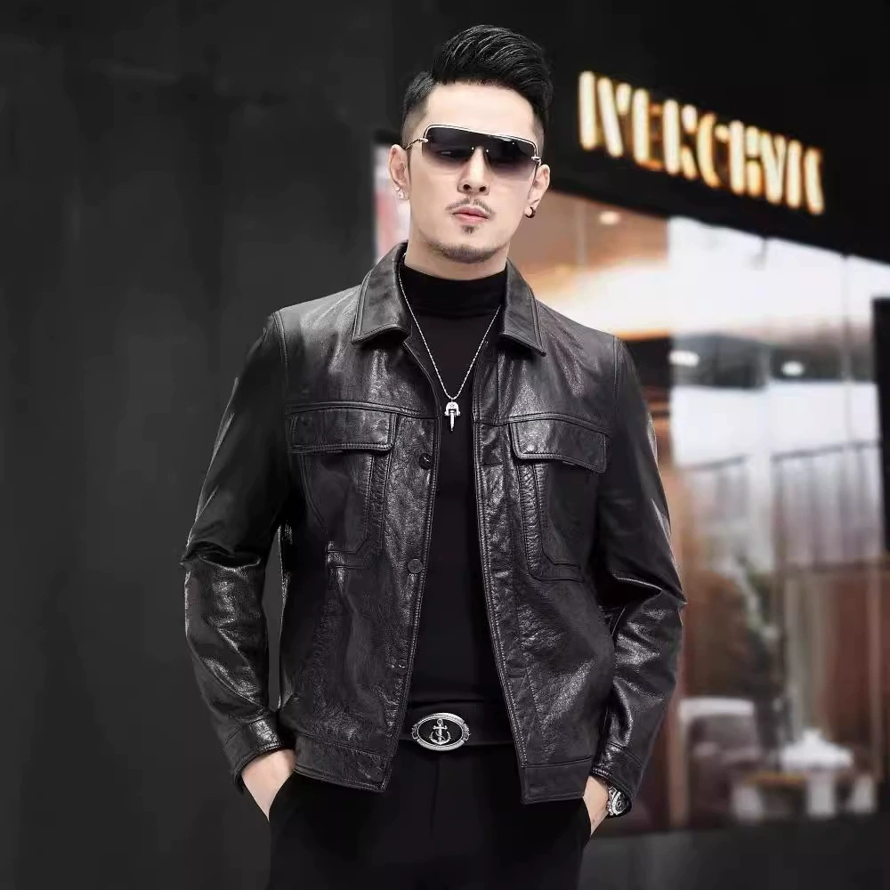Кожаная модная короткая куртка, натуральная кожа, slim fit