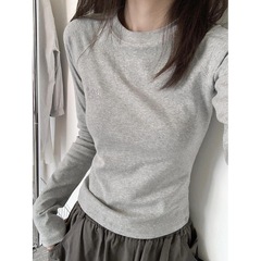 棉正肩修身复古新款春秋辣妹灰色打底衫内搭长袖t恤女上衣美式