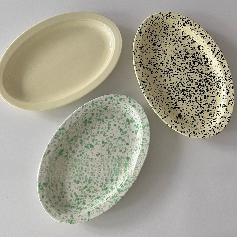 Exported to South Korea Ins Milk Yellow Splash Ink Ceramic Oval Plate Fish Plate Dessert Cake Light Breakfast Plate