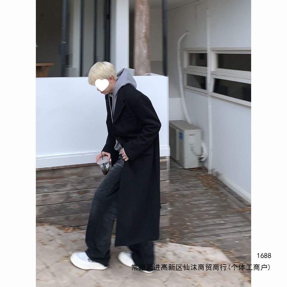 Men's trendy mid-length overcoat for autumn and winter, over the knee, Korean style, loose fit, padded and thickened long coat.