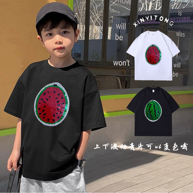 Cotton Watermelon Sequin Short-sleeved T-shirt Girls Summer New Cartoon Color-changing Strawberry Loose Children's Top Boys