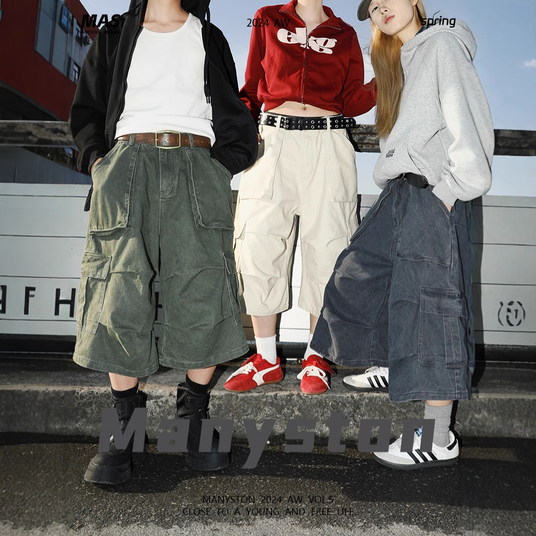 Factory Direct Supply American High Street Pure Cotton Cropped Cargo Pants Men's Summer Straight Loose Casual Versatile Pants