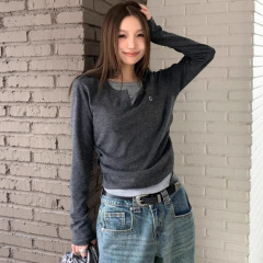 外贸新款假两件褶皱设计长袖T恤女秋冬时尚修身百搭打底上衣女T潮