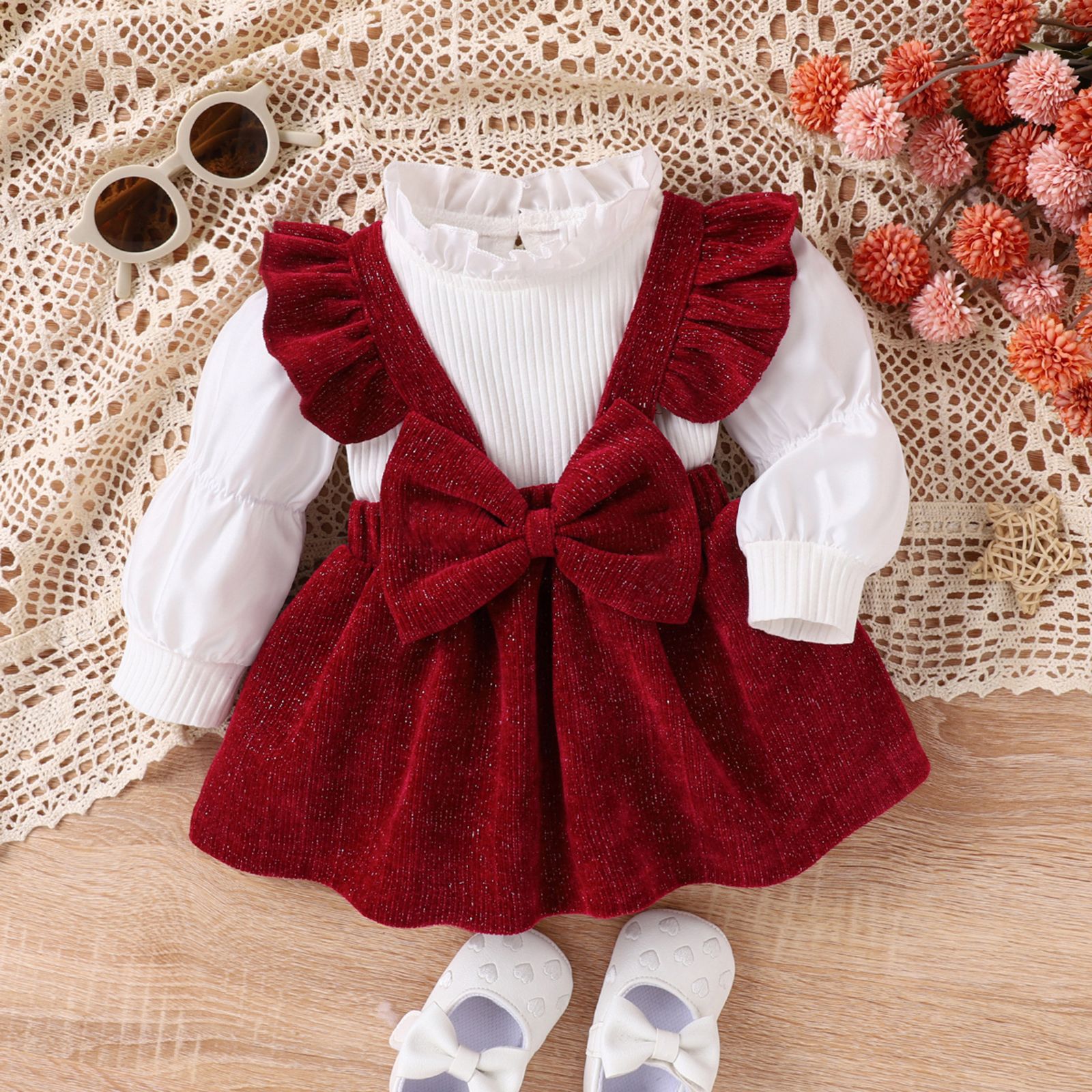 亚马逊秋冬女童宝宝婴幼儿套装纯色上衣配可爱蝴蝶结背带裙两件套