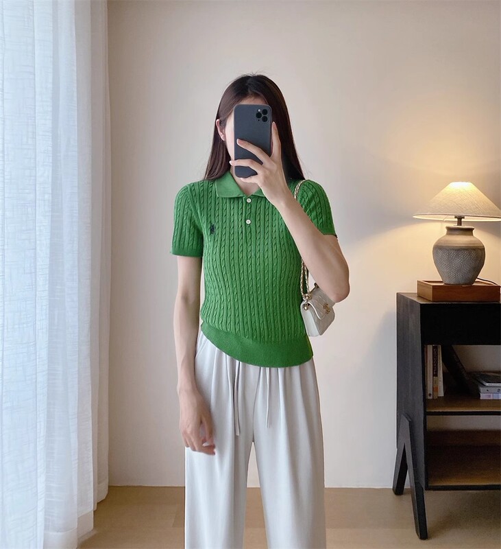 系~RL欧美莱赛尔天丝小马刺绣针织衫上衣POLO翻领麻花短袖T恤|undefined