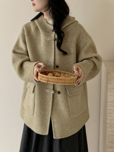 2025 Autumn and Winter New Double-sided Cashmere Coat Loose Women's Disc Button Hooded Mid-Length Small Wool Wool Coat