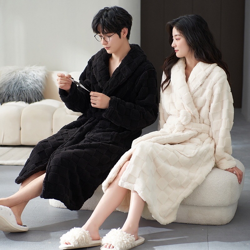 Pareja camisón de invierno de las mujeres de coral de lana engrosada forrado de lana más tamaño suelto rojo boda casual hombres Albornoz