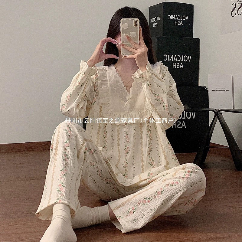 Женский комплект пижамы Hexin Spring: длинный кружевной пуловер и хлопковые штаны в стиле принцессы.