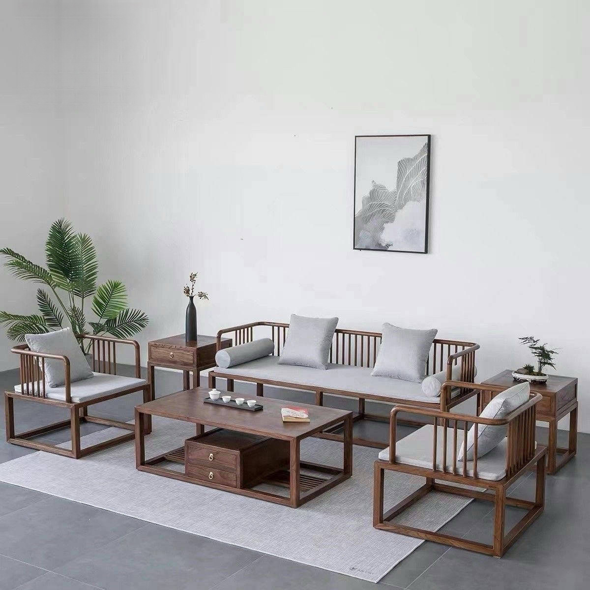 新中式沙发组合老榆木禅意实木茶几简约现代别墅客厅家具小户型