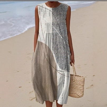 亚马孙跨境夏季新品无袖口袋休闲印花气质长裙连衣裙修身连衣裙