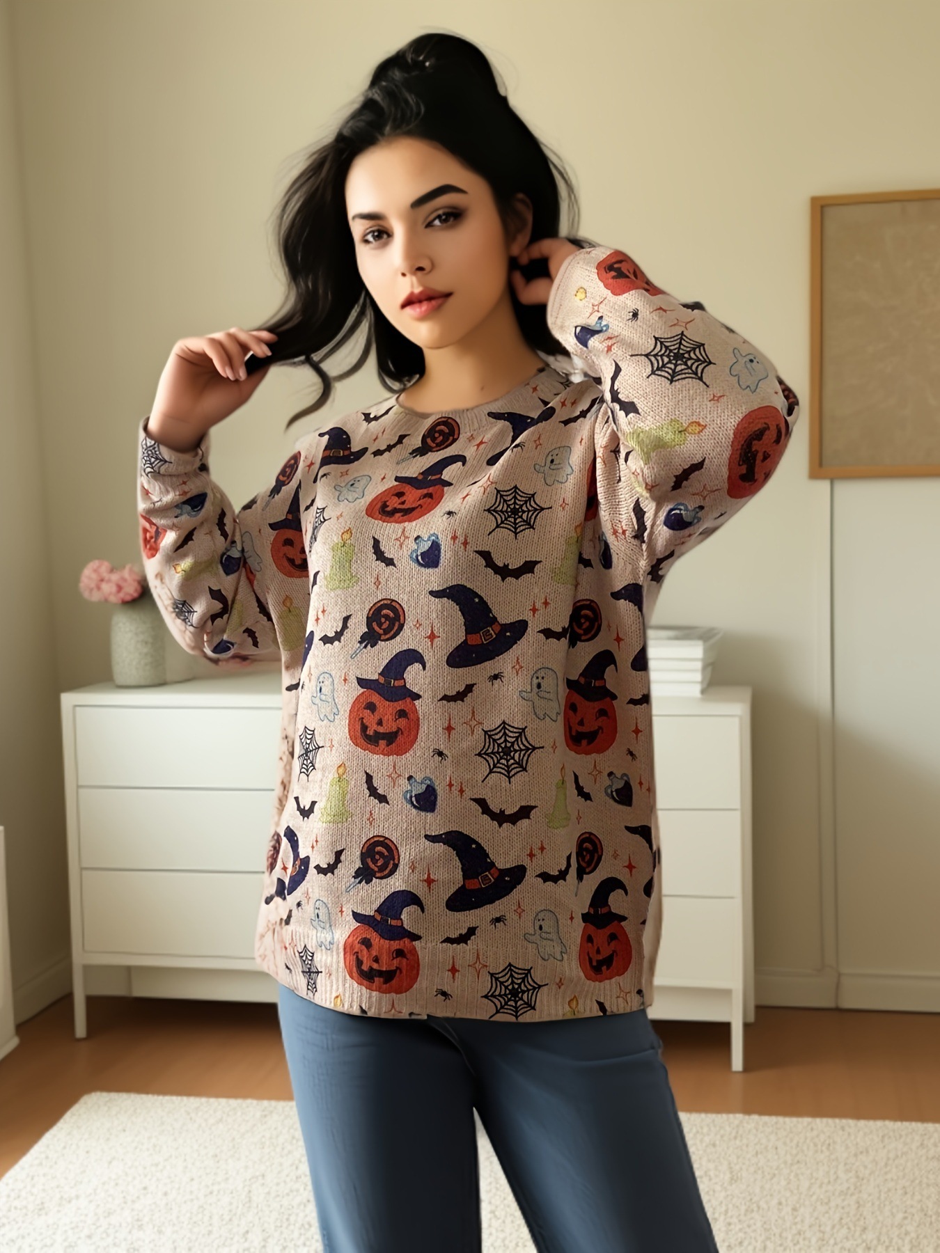 2024 Autumn/Winter Independent Station Amazon Halloween Mythical Creature Print Cartoon Round Neck Long Sleeve Sweater for Women with 3D Print