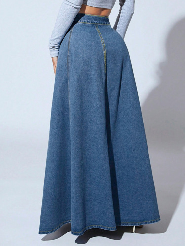 European and American source factory wholesale single-breasted denim skirt for women with foreign style and big swing a-line autumn and winter skirt