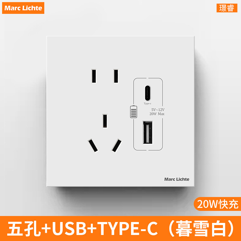 86型暗装开关插座面板5五孔usb手机充电20W快充typec家用USB插座