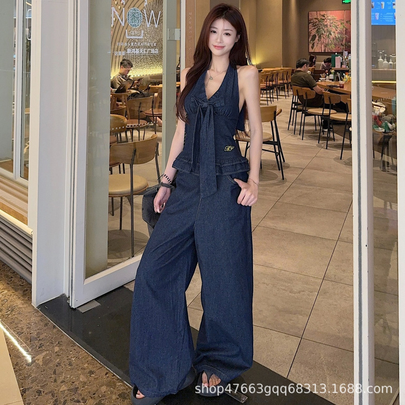 Retro Denim Casual Suit for Women Summer Bow Halterneck Camisole Loose Straight Wide Leg Pants Two-Piece Set