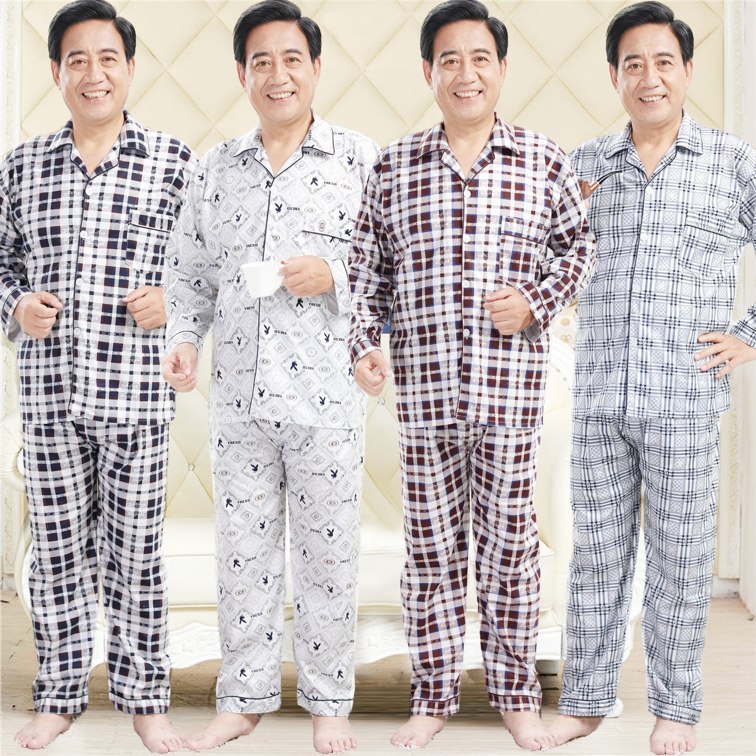 2024 nuevo pijama a cuadros para hombres primavera y otoño algodón de manga larga tamaño grande otoño y invierno para hombres se puede usar ropa para el hogar