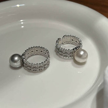 蒂奇S925纯银小众设计感施家珍珠戒指冷淡风重工满钻轻奢开口指环