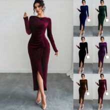2025欧美跨境秋冬新款扭缝修身显瘦长袖丝绒连衣裙女中长款裙女