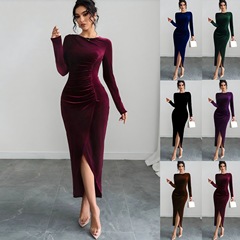 2025欧美跨境秋冬新款扭缝修身显瘦长袖丝绒连衣裙女中长款裙女