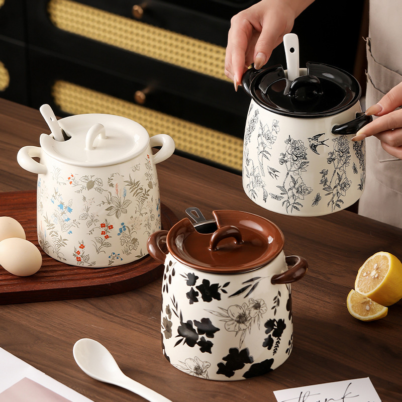 Tanque de aceite de cerdo, cerámica, flores antiguas, caja de condimentos de gran capacidad para el hogar, botella de tanque de condimento, olla de aceite de carne de chile de cocina