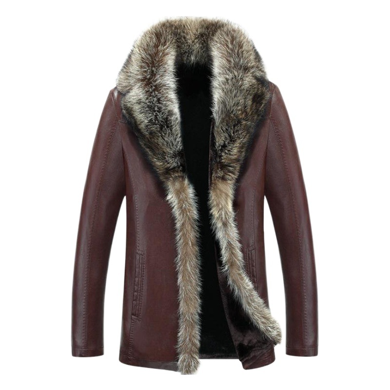 Abrigo de piel de hombre estilo nuevo de invierno con cuello de piel de mapache, chaqueta de cuero genuino de longitud media Haining, abrigo grueso de piel