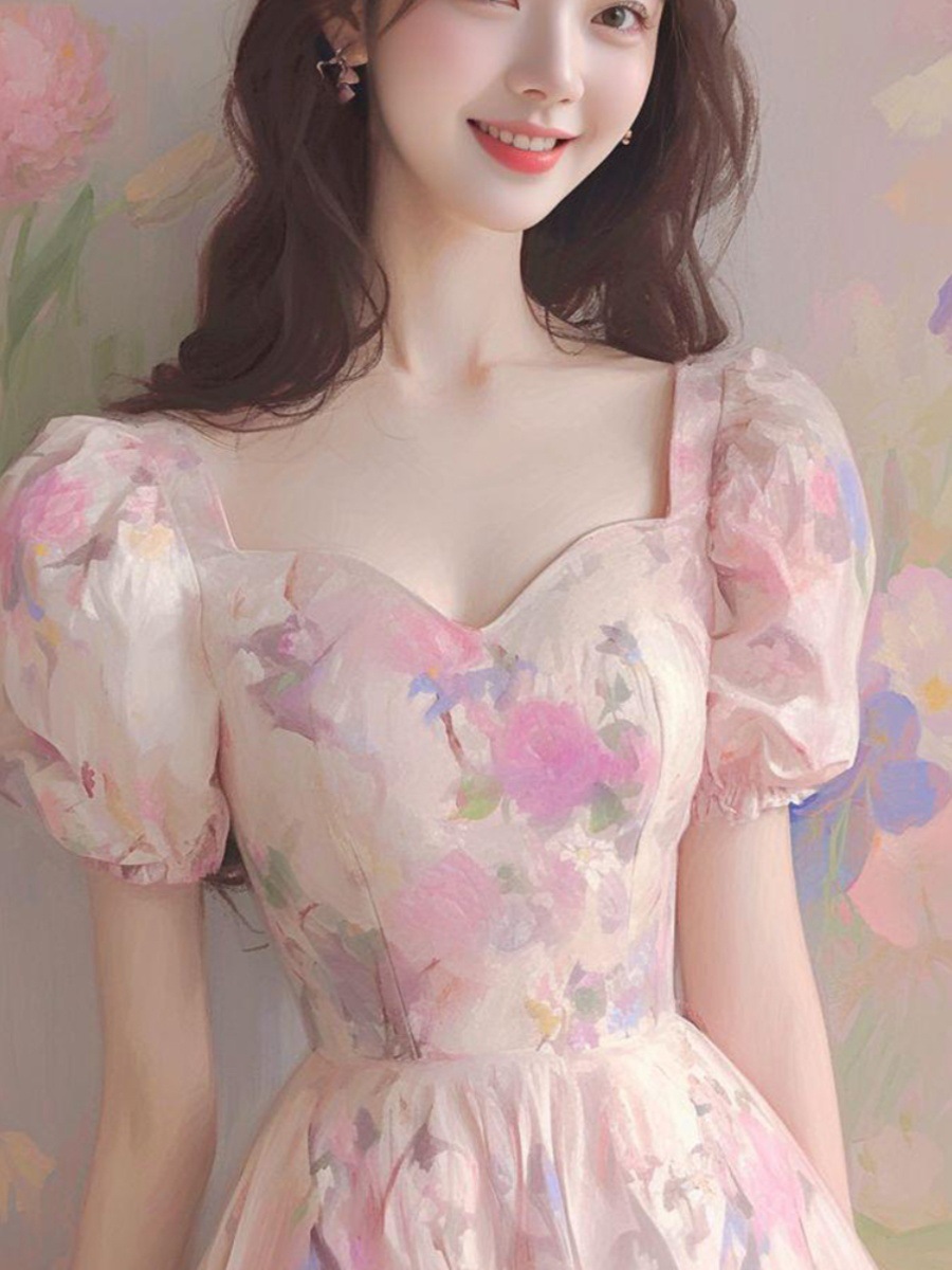 Đầm maxi nữ thắt eo phong cách Hepburn kiểu Pháp họa tiết hoa hồng cổ điển lãng mạn — Màu hồng chi tiết 6