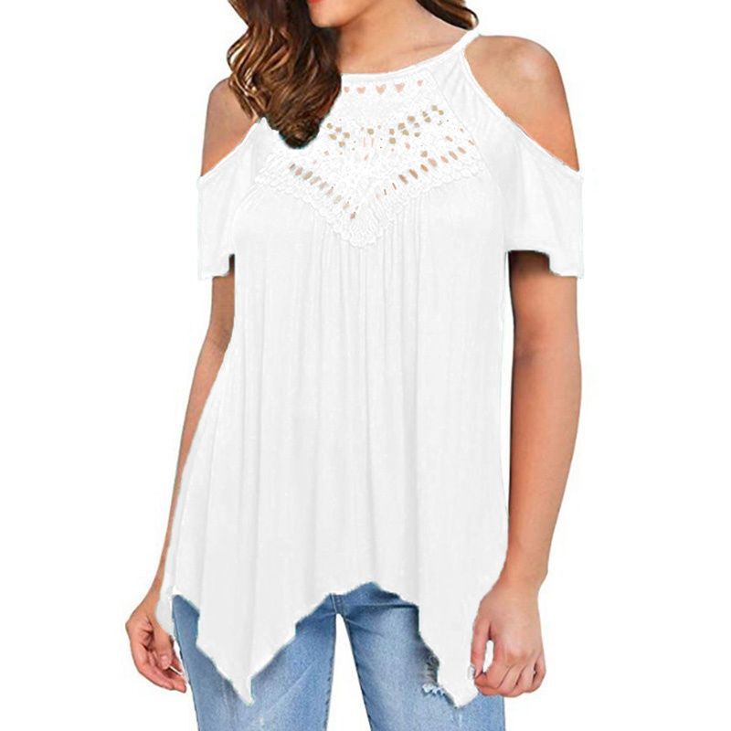 2026 Summer Foreign Trade Off-Shoulder Lace Trim Casual Versatile Loose Short-Sleeve Cotton T-Shirt with Hollow-Out Front