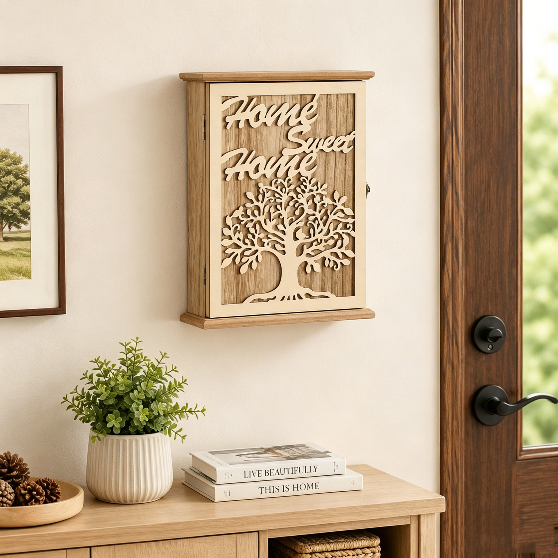 Cross-Border American Country-Style Wooden Wall-Mounted Key Storage Box with Tree of Life Hollow Design for Entryway Wall Cabinet Home Use