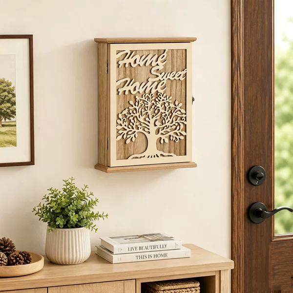 Cross-Border American Country-Style Wooden Wall-Mounted Key Storage Box with Tree of Life Hollow Design for Entryway Wall Cabinet Home Use