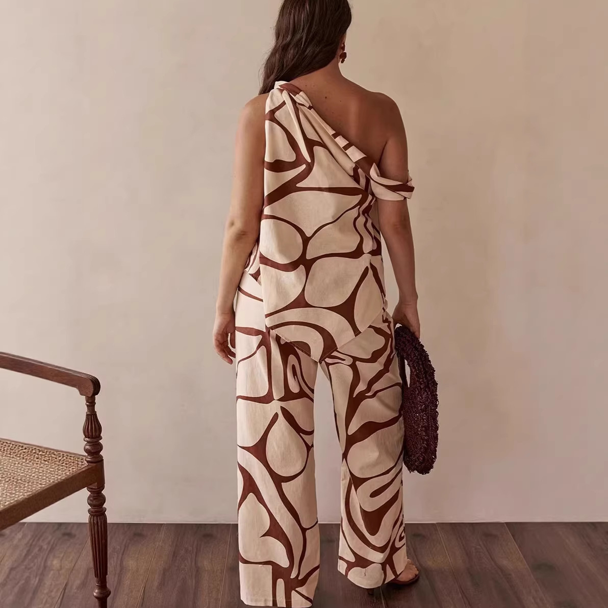 Women's Summer Linen Print Off-Shoulder Sleeveless Wide Leg Pants Set Casual Loose Fit Clothing_ecoleips.com