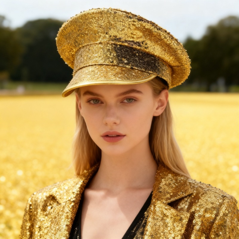 Sombrero azul marino con incrustaciones de diamantes, boina estilo punk, sombrero y2k, sombrero de marinero para mujer con ambiente otoñal e invernal, sombrero dorado para clima frío