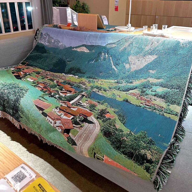 北欧风景棉线毯沙发盖巾布艺挂毯  奥地利小镇挂毯横版盖毯装饰毯|undefined