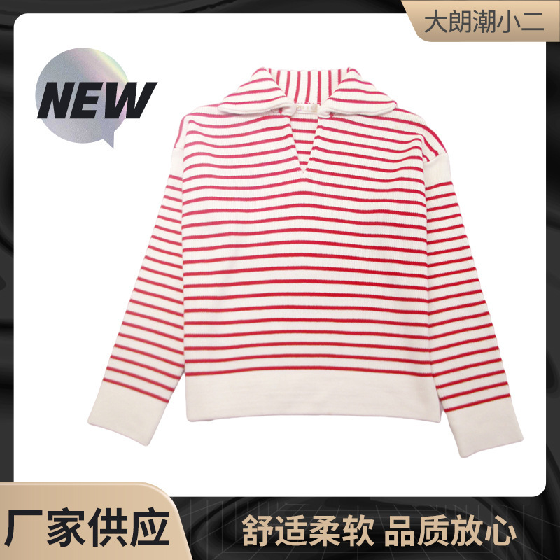 Trend small fragrant wind V-shaped small lapel autumn red and white striped women's sweater manufacturers a generation of hair