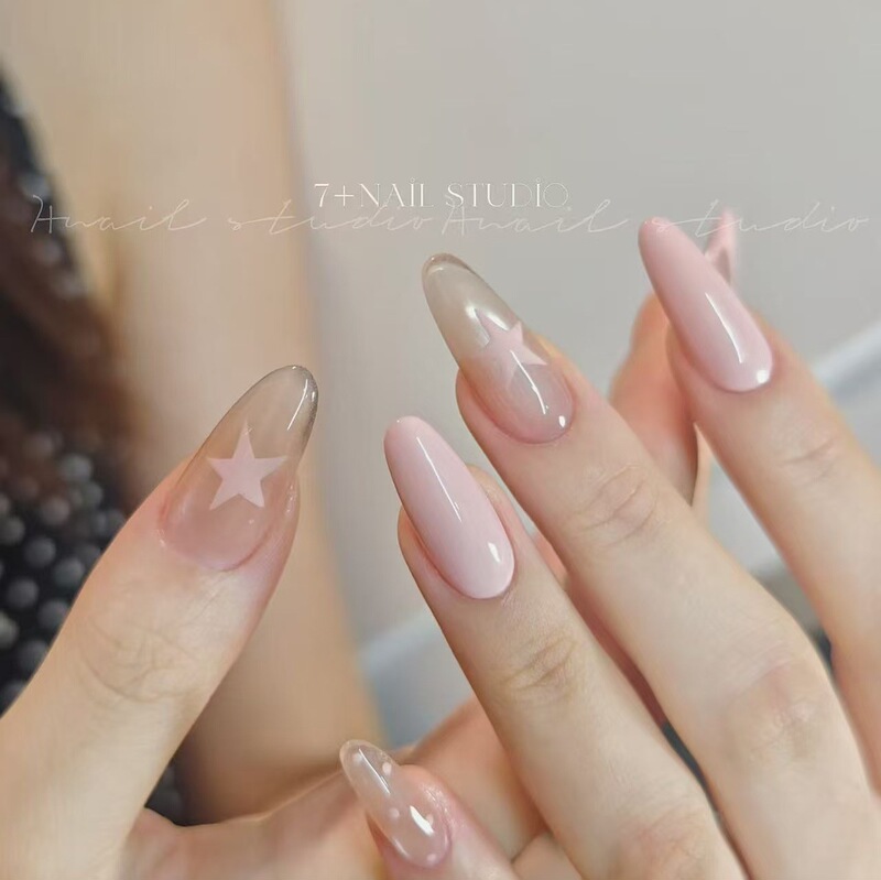 Pink Gentle Style Nude Color Pure Handmade Wearable Nails with Five-Pointed Star Cat Eye Design, Removable Nail Pieces