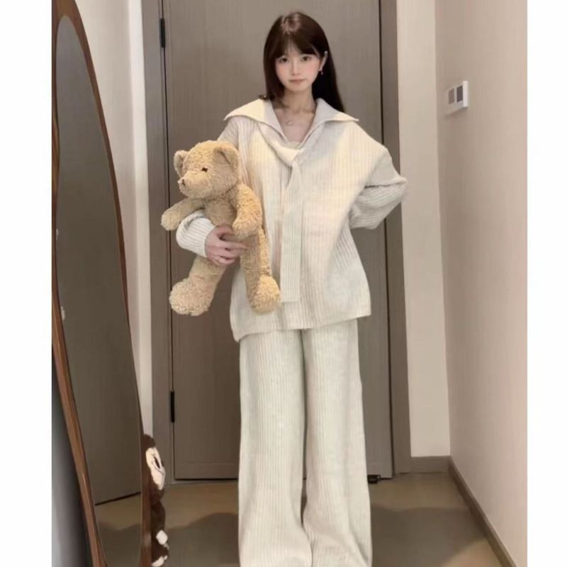 韩系秋冬慵懒风纯色毛衣+简约百搭休闲裤套装配飘带感加厚毛衣女|undefined
