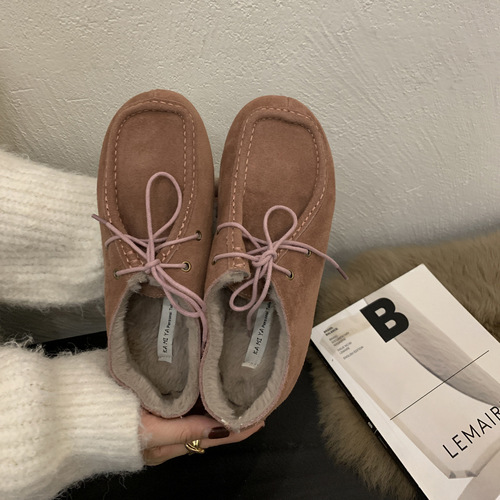 Real leather retro Loafers slip-on moccasins for women  autumn and winter warm lined single shoes cotton clogs