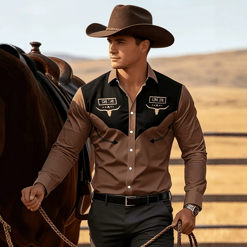 Amazon Western Ranch Cow Head Embroidery Patchwork Long Sleeve Shirt Outdoor Horseback Riding Vintage Men's Slim Fit Shirt