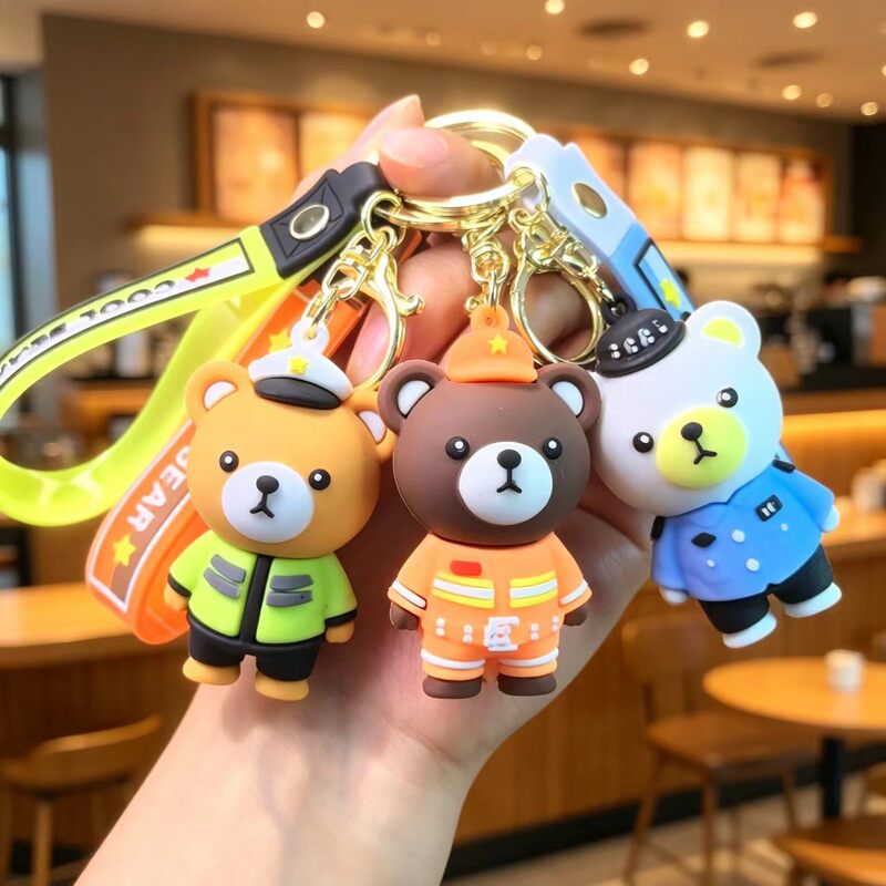 Creative Cartoon Firefighter Bear Keychain Backpack Car Keychain Exquisite Doll Small Pendant Gift Wholesale