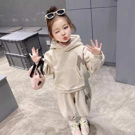 女童加绒冬装连帽卫衣卫裤两件套2023新款中小童时髦韩版运动套装
