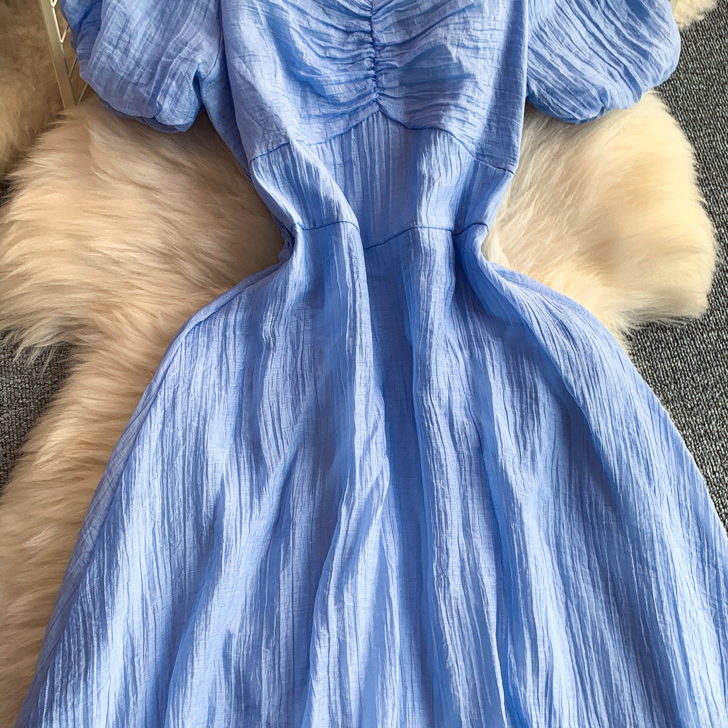 Women's French Style Elegant Square Neck Puff Sleeve Dress Casual Slit Long Skirt Pleated Waist Slimming Summer Style_ecoleips.com