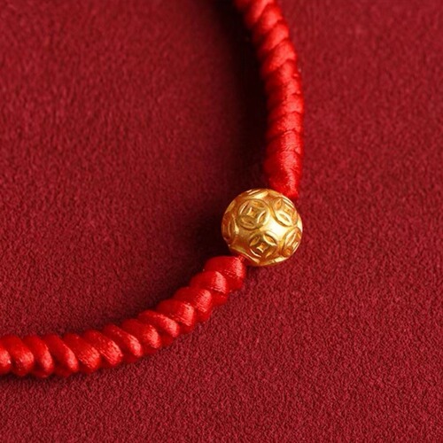 Vietnamese Sand Gold Wangcai Coin Zodiac Year Charm Bracelet with Copper-Plated Gold, Fortune-Boosting Beads, and Red String — Wholesale Jewelry for Men and Women