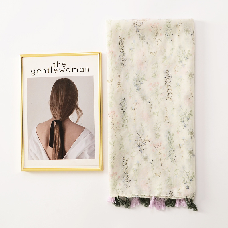 Llanura dulce blanco fresco floral largo borla viaje decorativo Toalla de playa algodón y lino sensación bufanda para las mujeres