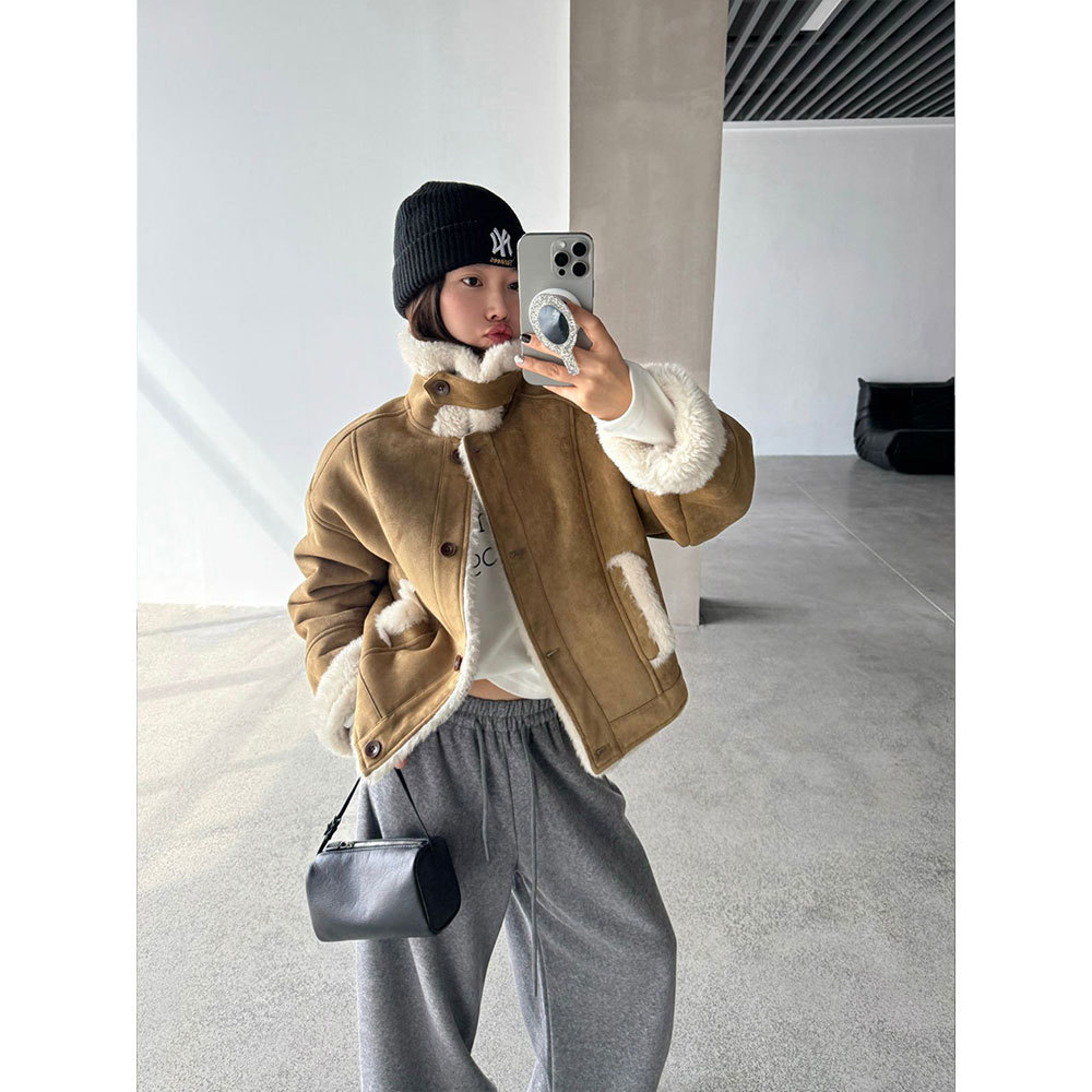 【王琪芝】立领仿皮毛一体外套女冬毛毛宽松保暖短大衣夹克WQ073
