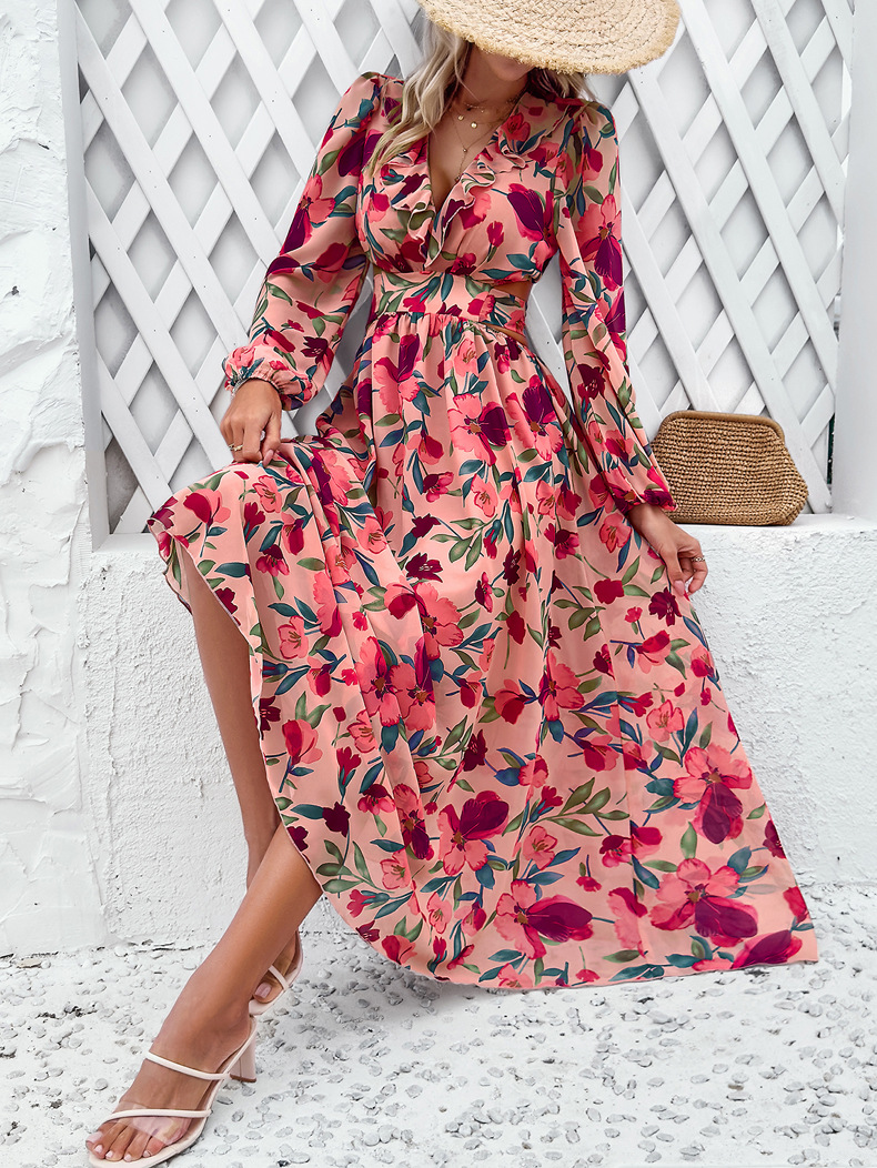 Women's Regular Dress Vacation V Neck Printing Long Sleeve Flower Maxi Long Dress Daily Beach display picture 14