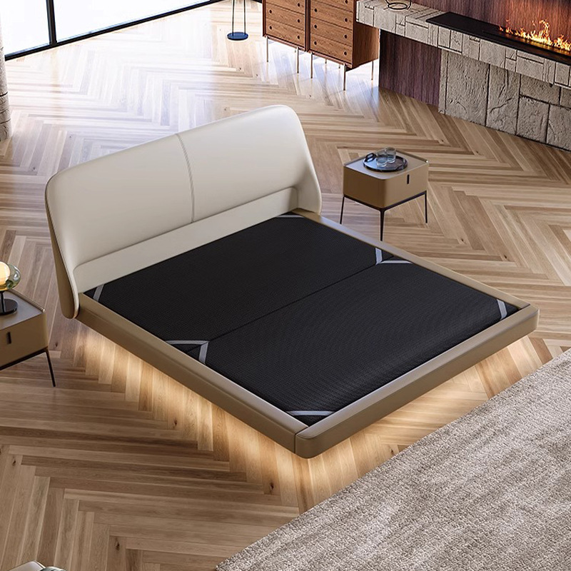 Cama de cuero minimalista italiana, cama de suspensión de aire crema, cama de envoltura blanda, cama doble principal simple, cama queen de 1.8 m, cama de matrimonio