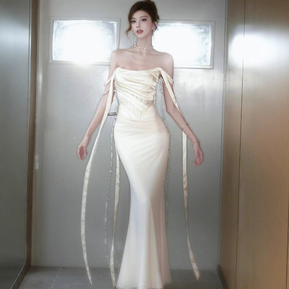 Chen Duling's Same Style French Bridesmaid Dress with Beaded Chain and Ribbon, Fishtail Dress, Waist-Cinching Slimming Evening Dress, Bodycon Dress for Women