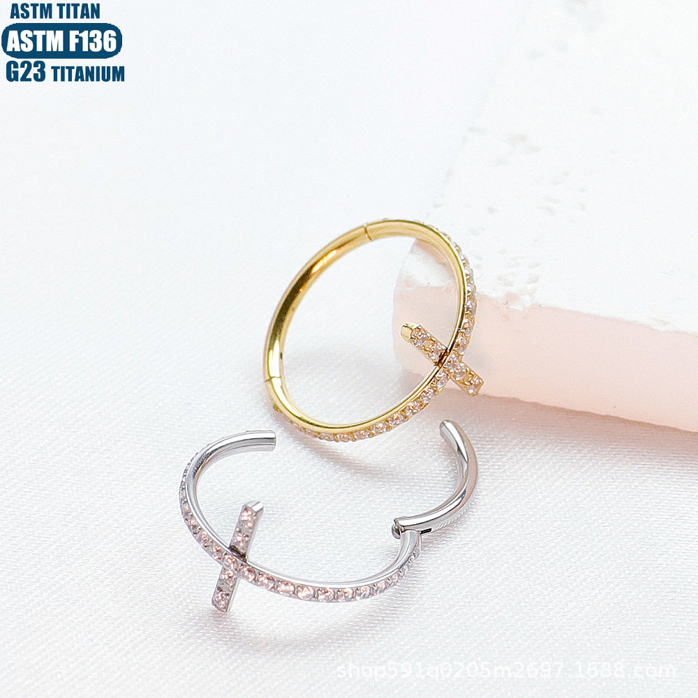 F136 Titanium Nose Ring Seamless Cross Zircon Piercing Jewelry Septum Ring Rose Gold detail image 11